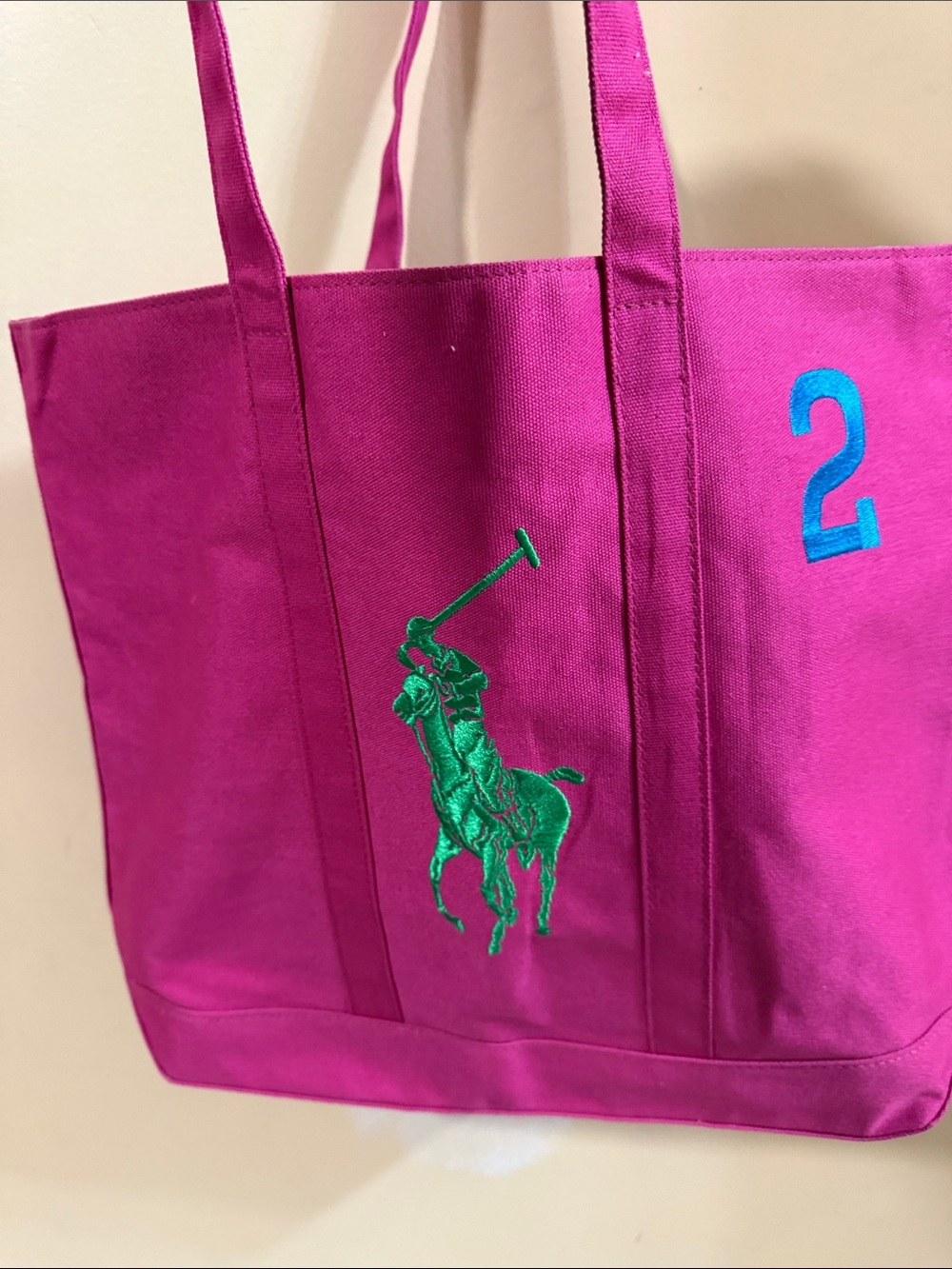 Ralph Lauren Fuchsia Canvas Tote with Green Polo Motif and Blue '2'NEW - Picture 15 of 16